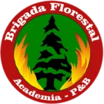 logotipo do curso de brigada de incêndio florestal, ao fundo uma arvore, em volta de chamas